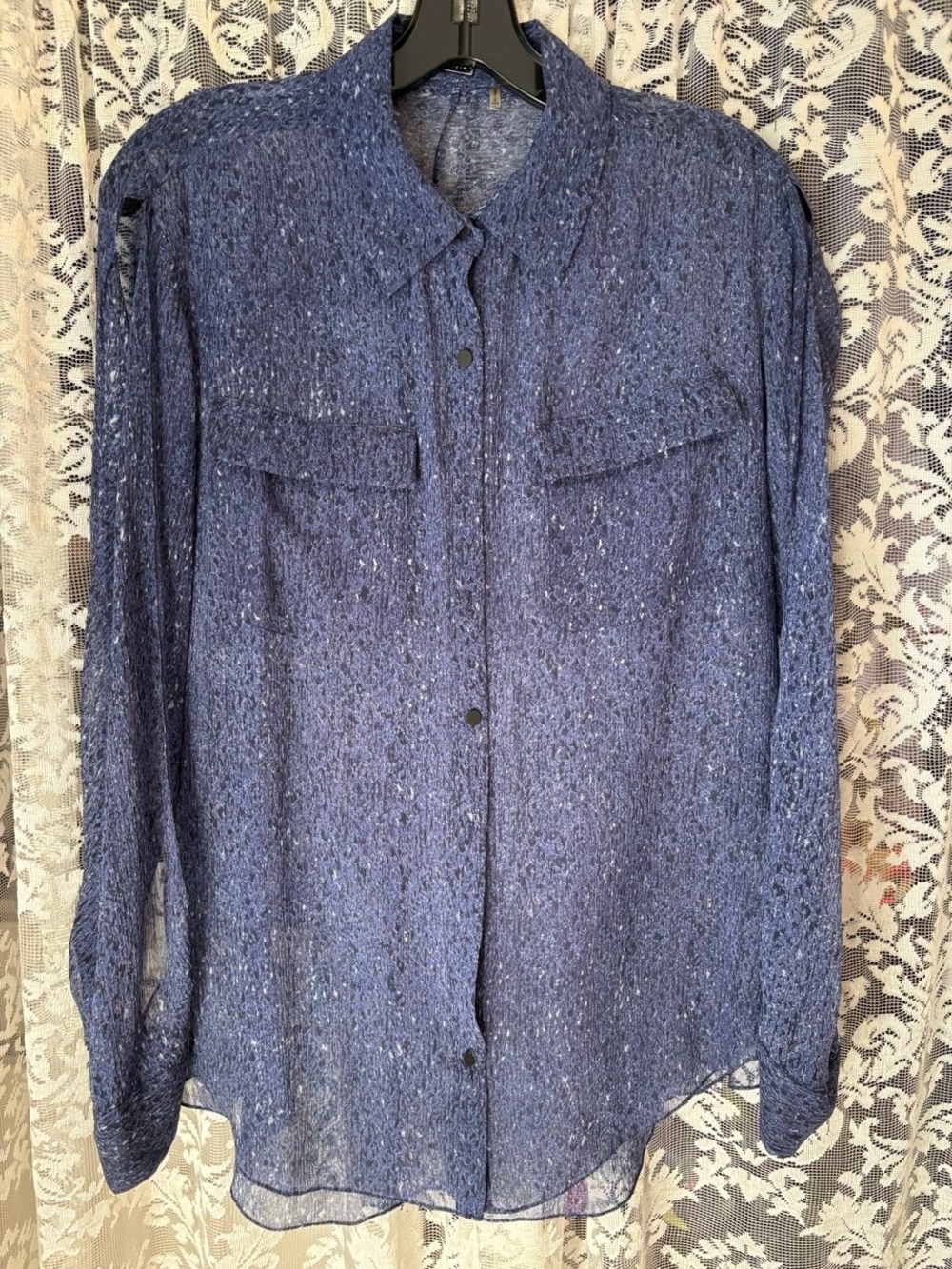 Elie Tahari Sheer Navy Blue Button-Front Blouse